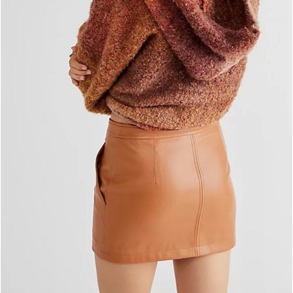 Free People Skirt 4 Brown Maya Mod Faux Leather Mini Light Sand Western Boho - Picture 3 of 13